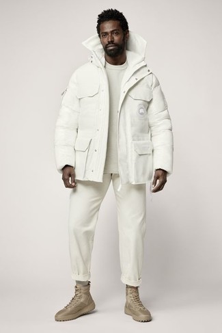 White Puffer Jacket Outfits For Men: 