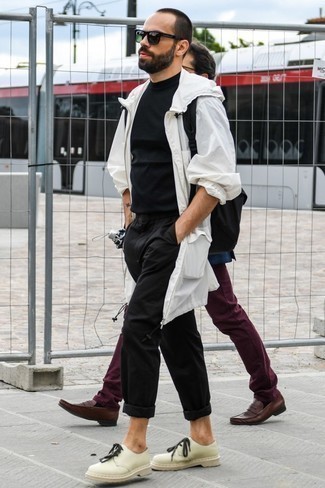 Men's Beige Leather Derby Shoes, Black Chinos, Black Crew-neck T-shirt, White Raincoat