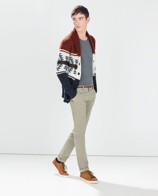 Multi colored Fair Isle Shawl Cardigan Outfits For Men: 