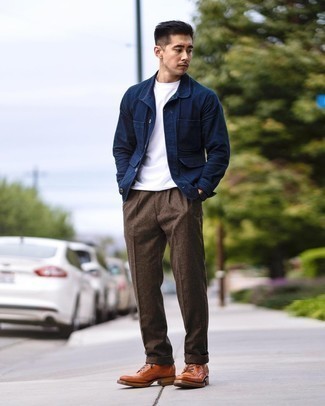 Men's Tobacco Leather Casual Boots, Brown Wool Chinos, White Crew-neck T-shirt, Navy Shirt Jacket