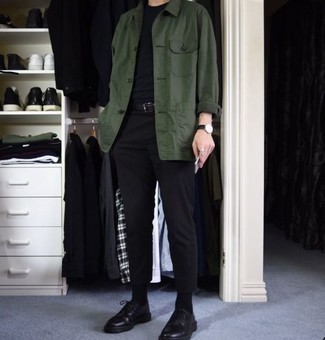 Dark Green Shirt Jacket Fall Outfits For Men: 