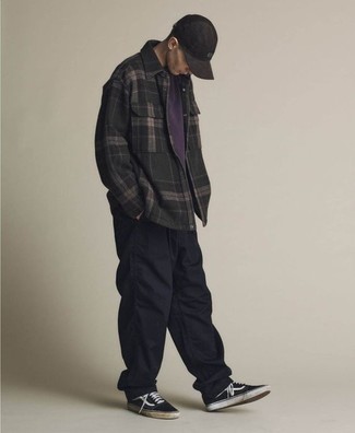 Men's Black and White Canvas Low Top Sneakers, Black Chinos, Violet Crew-neck T-shirt, Black Plaid Wool Shirt Jacket