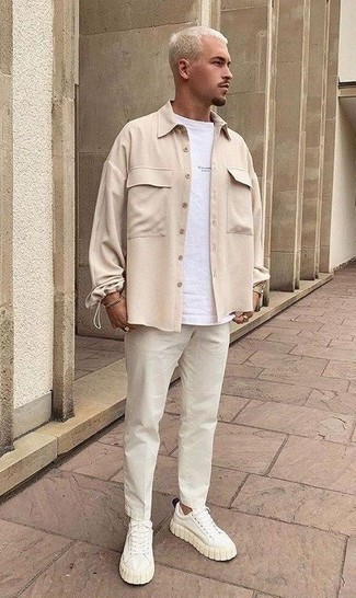 Men's White Canvas Low Top Sneakers, White Chinos, White Crew-neck T-shirt, Beige Shirt Jacket