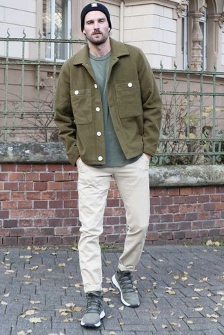 Men's Olive Athletic Shoes, White Chinos, Mint Crew-neck T-shirt, Olive Wool Shirt Jacket