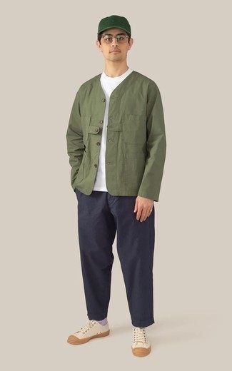 Men's White Canvas Low Top Sneakers, Navy Chinos, White Crew-neck T-shirt, Olive Shirt Jacket