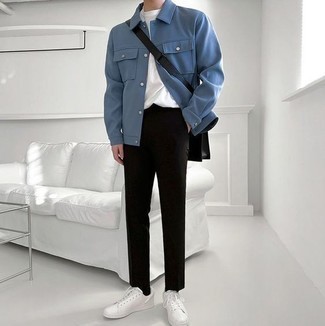 Men's White Leather Low Top Sneakers, Black Chinos, White Crew-neck T-shirt, Blue Shirt Jacket