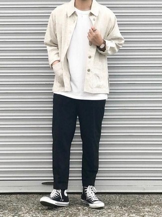 White Linen Shirt Jacket Outfits For Men: 
