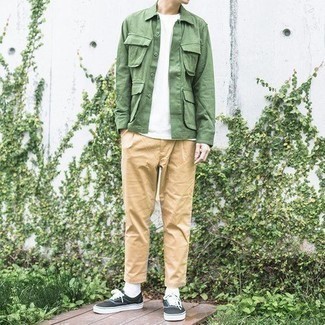 Men's Black and White Canvas Low Top Sneakers, Khaki Chinos, White Crew-neck T-shirt, Olive Shirt Jacket