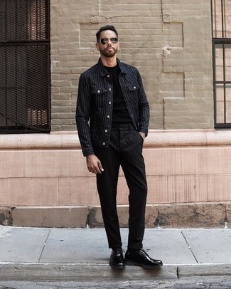 Black Vertical Striped Shirt Jacket Outfits For Men: 