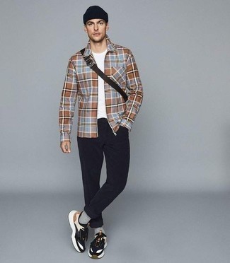 Men's Multi colored Athletic Shoes, Navy Corduroy Chinos, White Crew-neck T-shirt, Multi colored Plaid Shirt Jacket