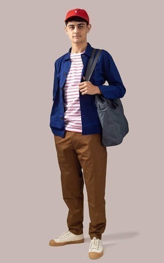 Men's White Canvas Low Top Sneakers, Brown Chinos, White and Red Horizontal Striped Crew-neck T-shirt, Navy Shirt Jacket