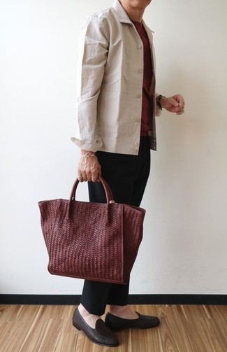 Burgundy Leather Tote Bag Smart Casual Outfits For Men: 