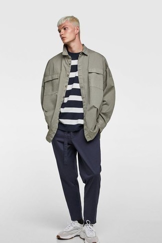 Men's Grey Athletic Shoes, Navy Chinos, Navy and White Horizontal Striped Crew-neck T-shirt, Grey Shirt Jacket