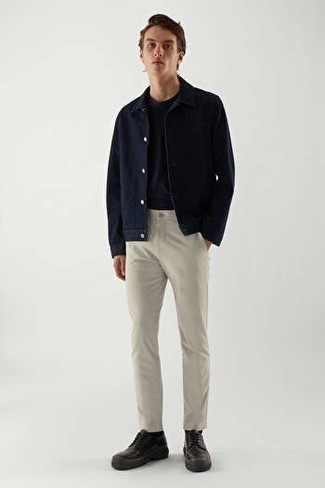Men's Black Chunky Leather Derby Shoes, White Chinos, Navy Crew-neck T-shirt, Navy Shirt Jacket
