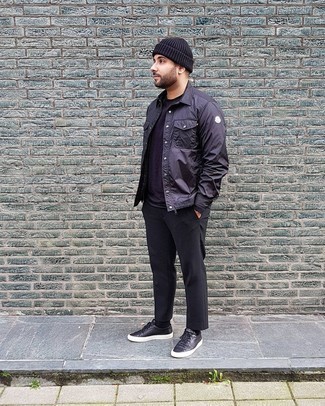 Black Nylon Shirt Jacket Outfits For Men: 