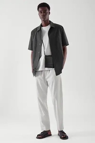 Men's Black Leather Sandals, White Chinos, White Crew-neck T-shirt, Charcoal Short Sleeve Shirt