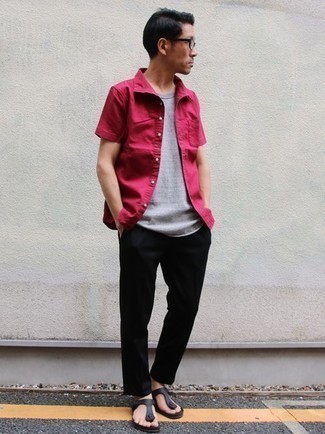 Hot Pink Short Sleeve Shirt Outfits For Men: 