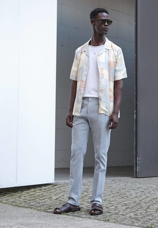 Men's Dark Brown Leather Sandals, Light Blue Chinos, White Crew-neck T-shirt, Multi colored Check Short Sleeve Shirt