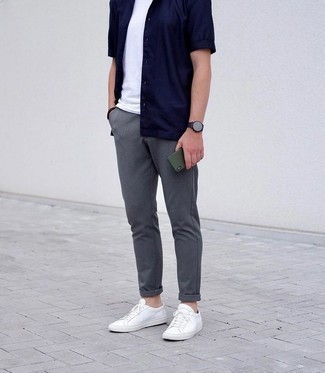 Men's White Leather Low Top Sneakers, Charcoal Chinos, White Crew-neck T-shirt, Navy Short Sleeve Shirt