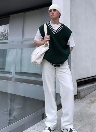 Men's White and Green Leather Low Top Sneakers, White Chinos, White Crew-neck T-shirt, Dark Green Sweater Vest