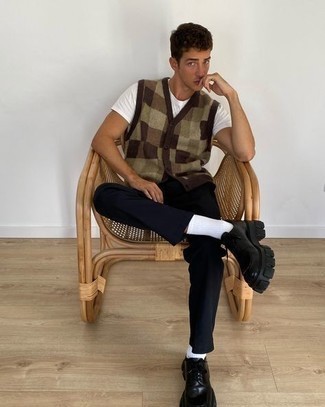 Men's Black Chunky Leather Derby Shoes, Black Chinos, White Crew-neck T-shirt, Brown Sweater Vest