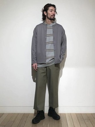 Grey Horizontal Striped Crew-neck T-shirt Outfits For Men: 
