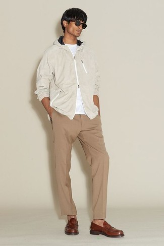 Men's Brown Leather Loafers, Khaki Chinos, White Crew-neck T-shirt, Grey Windbreaker