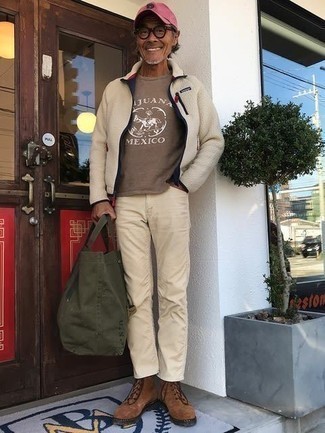 Beige Fleece Zip Sweater Outfits For Men: 