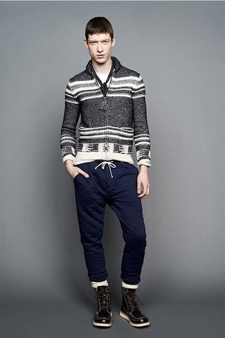 Charcoal Print Zip Sweater Outfits For Men: 