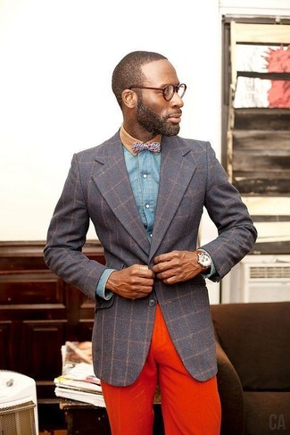 Blue Print Bow-tie Outfits For Men: 
