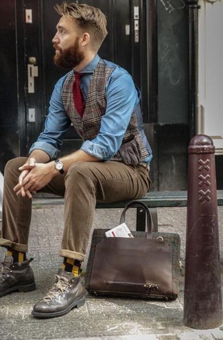 Brown Plaid Wool Waistcoat Outfits: 