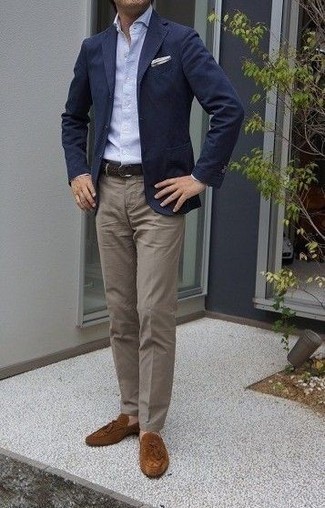 Navy Blazer with Tassel Loafers Outfits: 