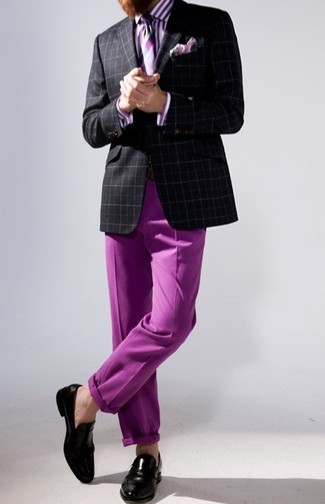 Light Violet Vertical Striped Dress Shirt Outfits For Men: 