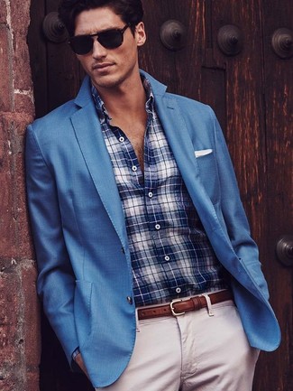 White and Blue Plaid Dress Shirt Outfits For Men: 
