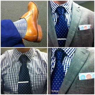 Blue Polka Dot Silk Tie Outfits For Men: 