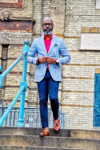 Men's Tobacco Leather Tassel Loafers, Blue Chinos, Hot Pink Dress Shirt, Light Blue Blazer