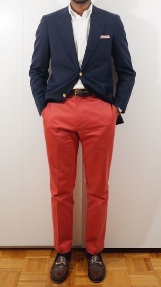 Navy Blazer with Red Chinos Outfits: 
