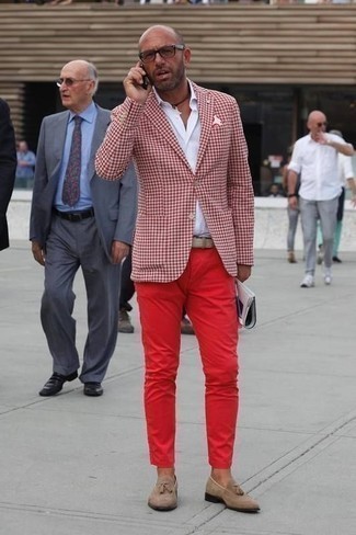 Red Gingham Blazer Outfits For Men: 