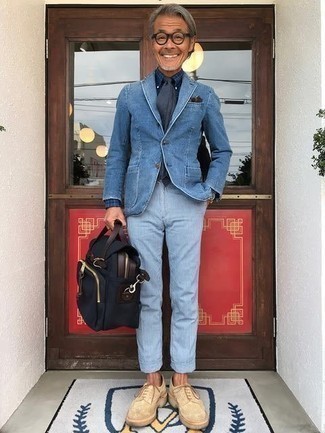 Blue Denim Blazer Outfits For Men: 