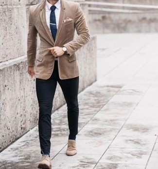 Tan Corduroy Blazer Outfits For Men: 