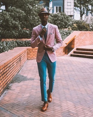 Men's Tobacco Leather Oxford Shoes, Aquamarine Chinos, Light Blue Dress Shirt, Pink Blazer