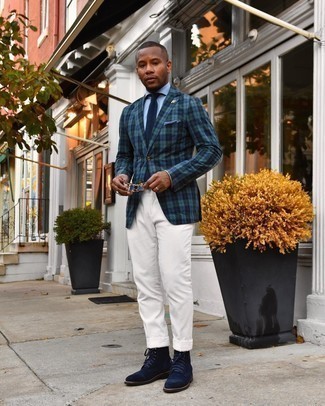 Men's Navy Suede Casual Boots, White Chinos, Light Blue Dress Shirt, Navy and Green Plaid Blazer