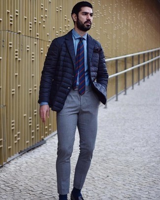 Navy Quilted Blazer Outfits For Men: 