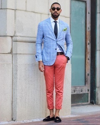 Light Blue Check Blazer Outfits For Men: 