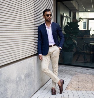 Pink Dress Shirt with Dark Brown Leather Tassel Loafers Outfits: 