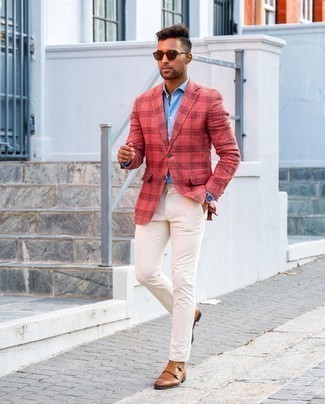 Red Plaid Blazer Outfits For Men: 