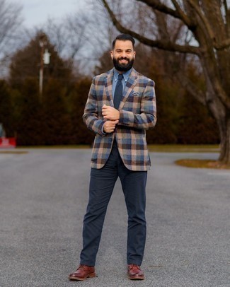Multi colored Gingham Wool Blazer Outfits For Men: 