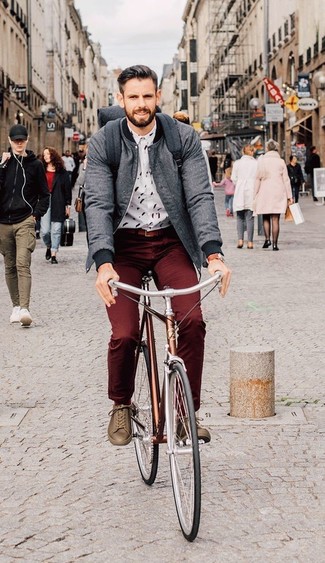 Men's Brown Leather Low Top Sneakers, Burgundy Chinos, White Print Dress Shirt, Grey Bomber Jacket