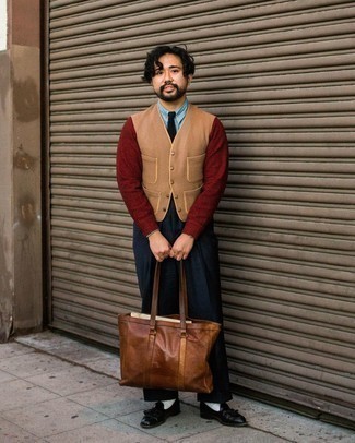 Brown Leather Tote Bag Outfits For Men: 