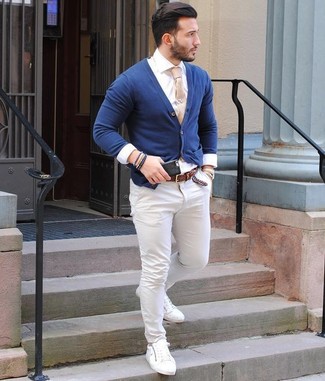 Men's White Leather Low Top Sneakers, White Chinos, White Dress Shirt, Navy Cardigan